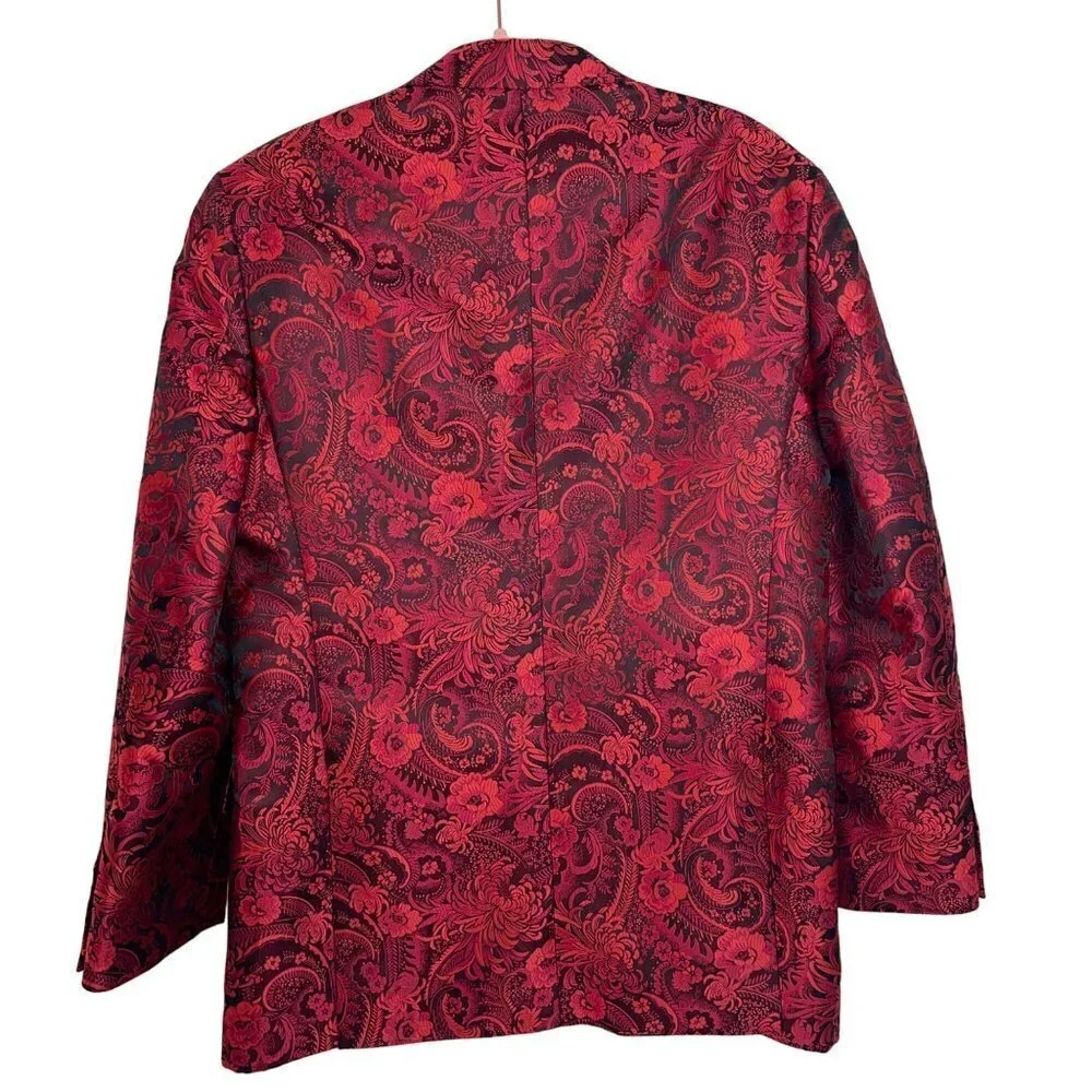 Leonardi Mens Jacket Size Large Red Floral Woven Two Button Pockets Party